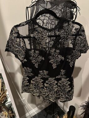 Ima Black Lace Overlay Floral Peplum Top short sleeve mesh top gold overlay